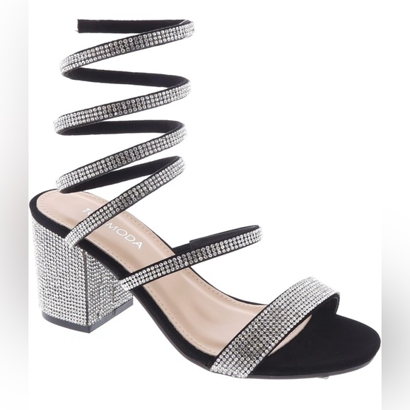 TOP Moda Shoes - Size 8.5 black and rhinestone strap up the leg chunky heels